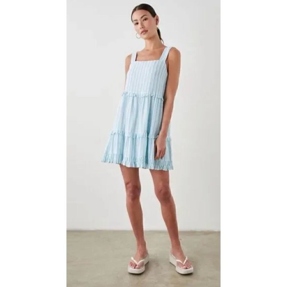 Rails Sandy Dress Linen Blend Striped Ruffle Mini in Laguna Stripe Size S - Picture 2 of 9